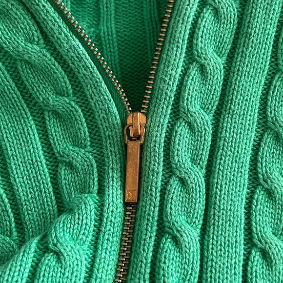 Lauren Ralph Lauren Emerald Green Cable Knit Sweater Jacket Gold Zip Size L - Picture 6 of 11